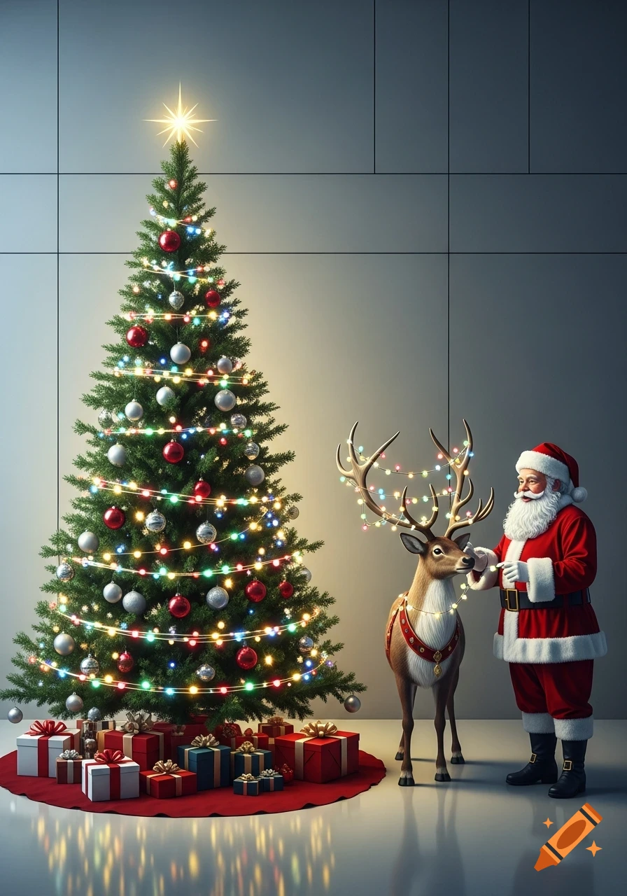 A photorealistic image of Santa Claus standing next to a reindeer adorned with lights, in front of a brightly lit Christmas tree with presents at its base.