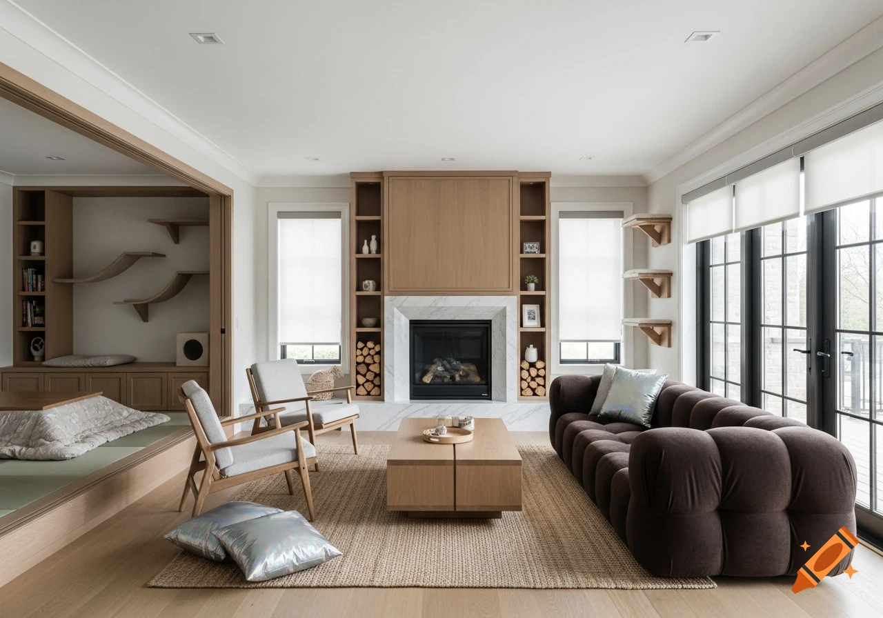 Photorealistic modern living room with a dark brown sofa, light wood furniture, fireplace, cat shelves, and a tatami mat zone.