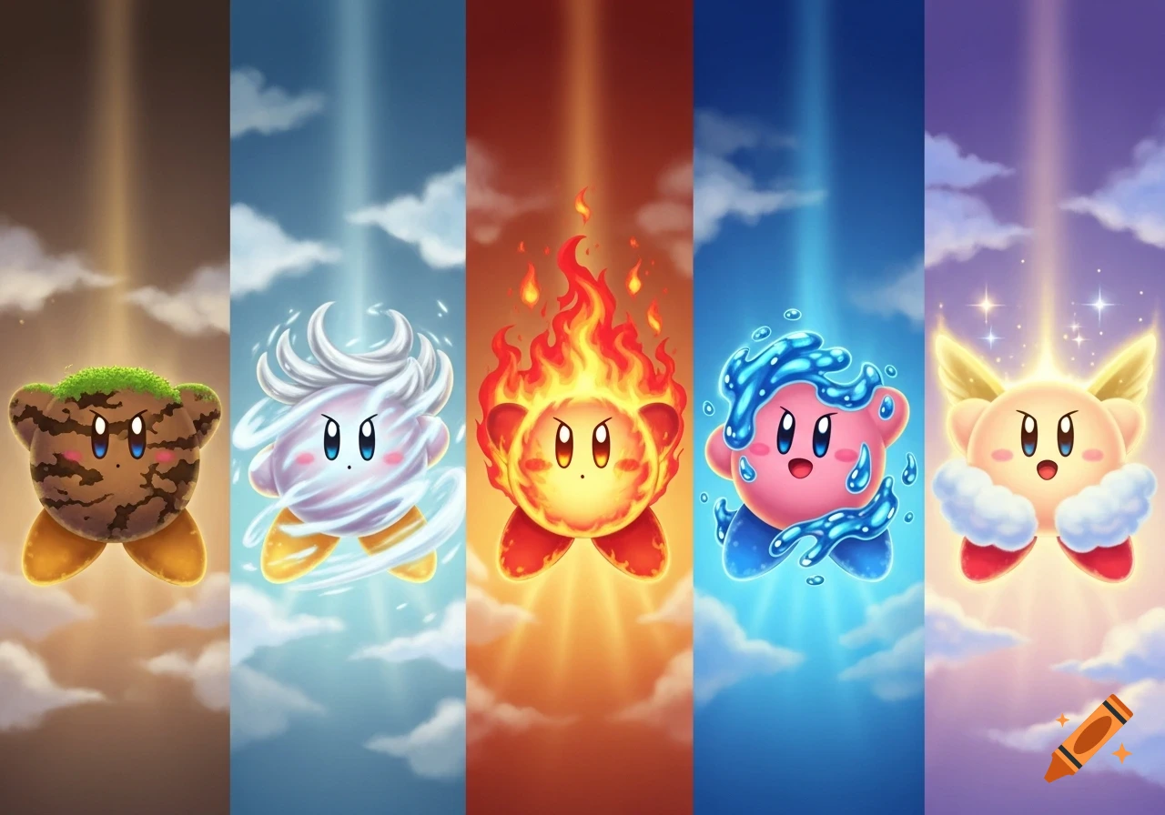 Five elemental Kirby characters representing earth, wind, fire, water, and light, against matching sky backgrounds.