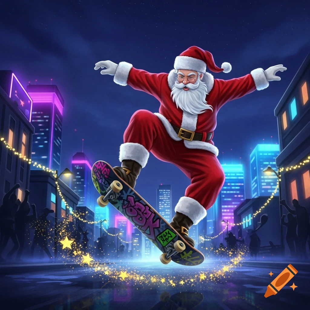 Santa Claus performs a kickflip on a skateboard on a vibrant, neon-lit city street at night, with sparkling golden dust.