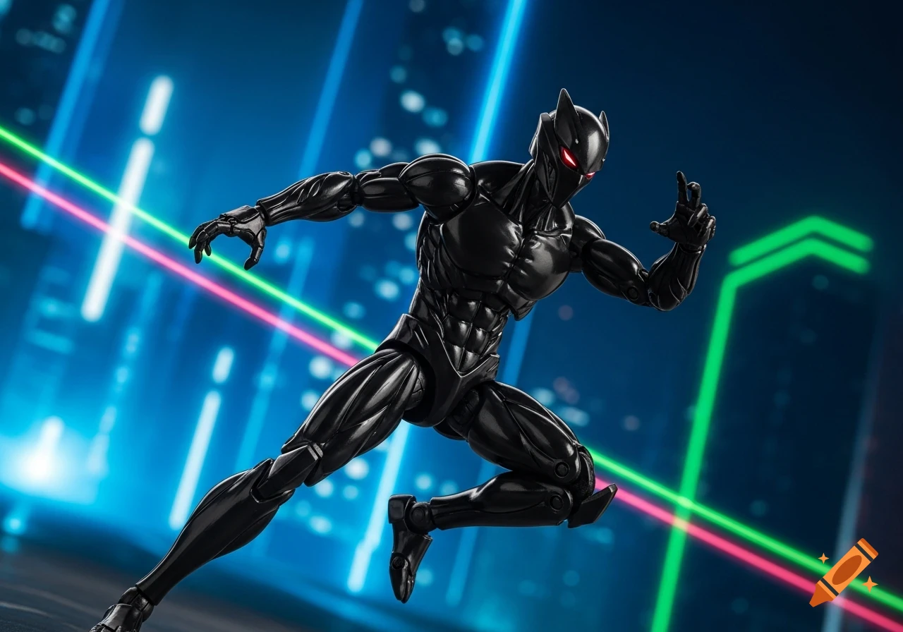 A black action figure with glowing red eyes lunges forward against a blurry blue background with neon green and pink lines.
