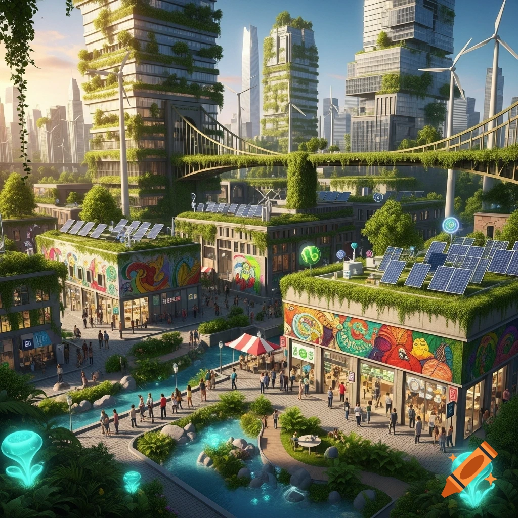 A vibrant solarpunk city with buildings covered in greenery, solar panels, and wind turbines, bustling with people along a river and glowing plants.