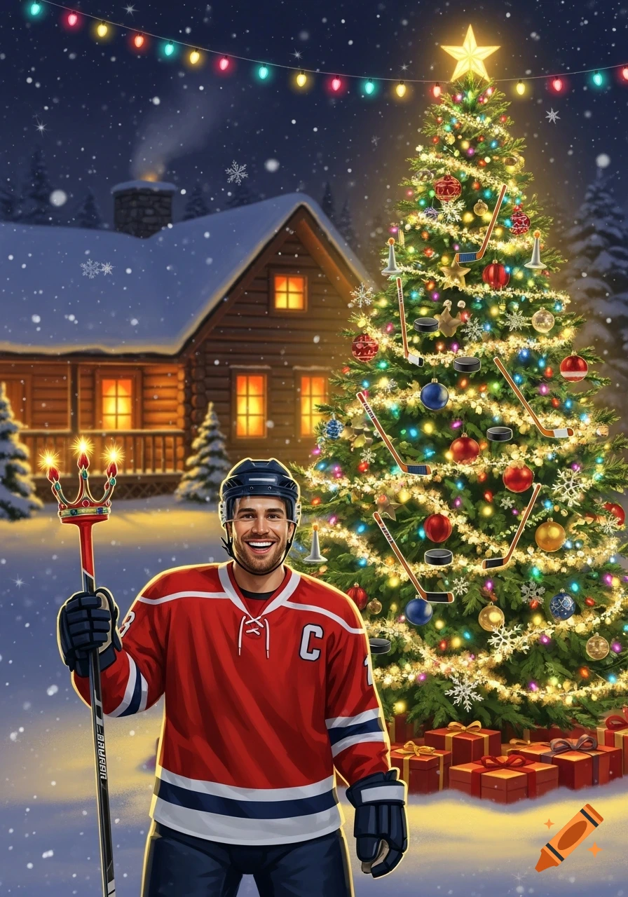 A smiling hockey player in a red jersey holds a stick, standing in front of a brightly lit Christmas tree and a cozy snowy cabin.