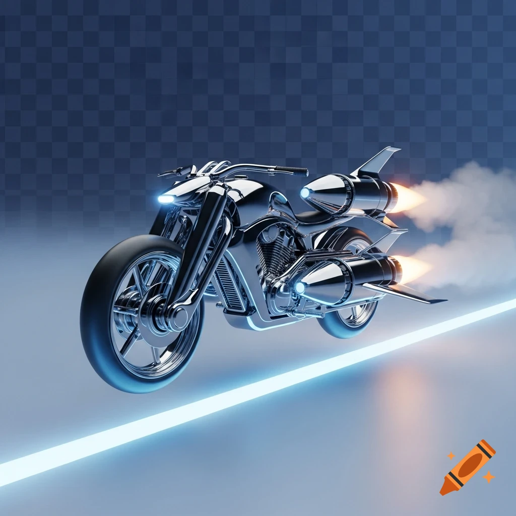 A shiny chrome futuristic motorcycle with rockets emitting fire and smoke, hovering above a glowing blue line.