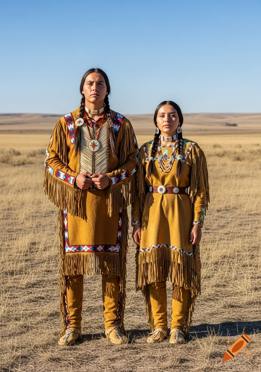 Two Indigenous people in elaborate traditional attire stand in a dry grassy field under a clear sky.