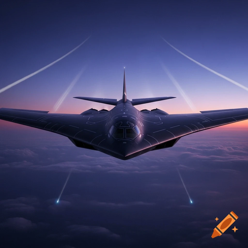 A photorealistic frontal view of a B2 stealth bomber flying above clouds against a twilight sky, with light trails.