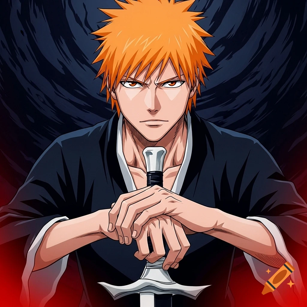 Anime portrait of Ichigo from Bleach, with spiky orange hair, holding a sword and looking serious.