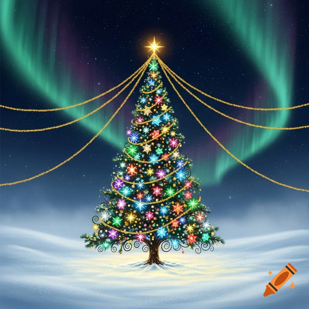 A brightly decorated Christmas tree with colorful lights and gold garlands stands in a snowy field under a dark, starry night sky with green and purple aurora borealis.