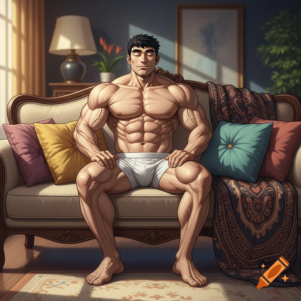 Anime-style illustration of a muscular adult male with closed eyes, wearing white briefs, sitting relaxed on a couch.