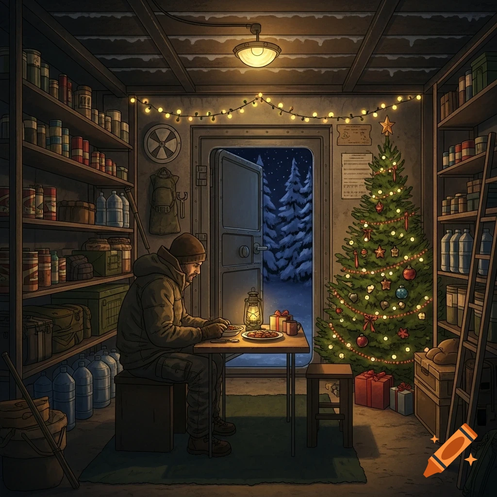 A lonely prepper in a bunker celebrates Christmas, sitting at a table with food, illuminated by a lantern and string lights. A decorated Christmas tree stands nearby, and an open door reveals a snowy forest at night.