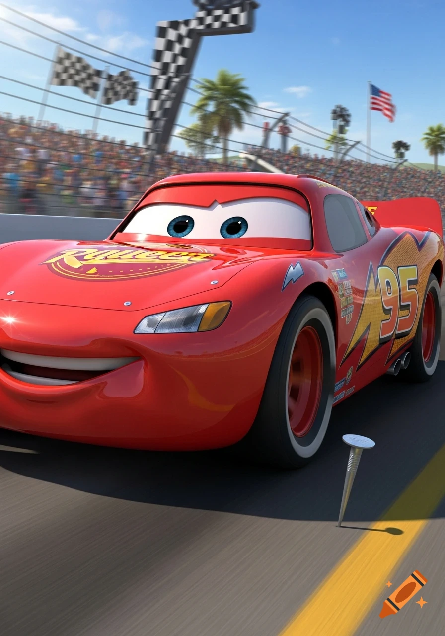 Lightning McQueen, a red animated race car, drives on a track with a nail in the road. Cheering crowd and checkered flags in the background.