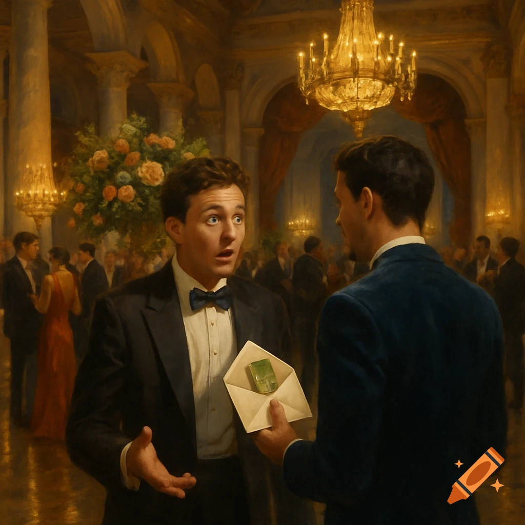 A painting of two men in formal attire at a grand ballroom party, one looking surprised as he receives an envelope with green cash from the other.