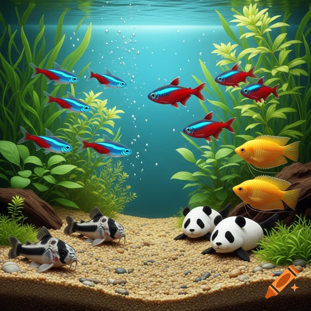 Vibrant aquarium with neon tetras, red tetras, gouramis, and panda catfish swimming among green plants and gravel.