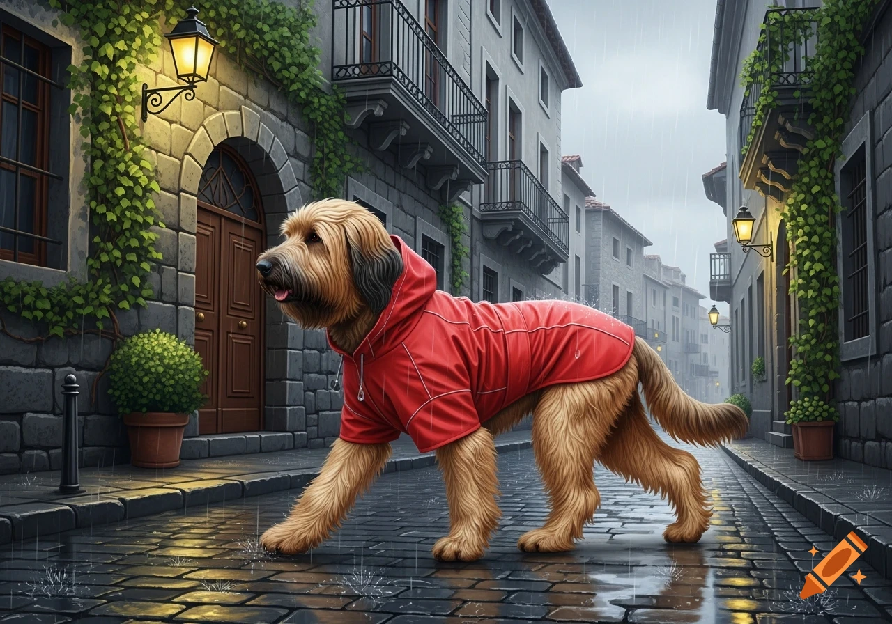 A fluffy Briard dog in a red raincoat walks on a wet cobblestone street during rain, past old stone buildings.