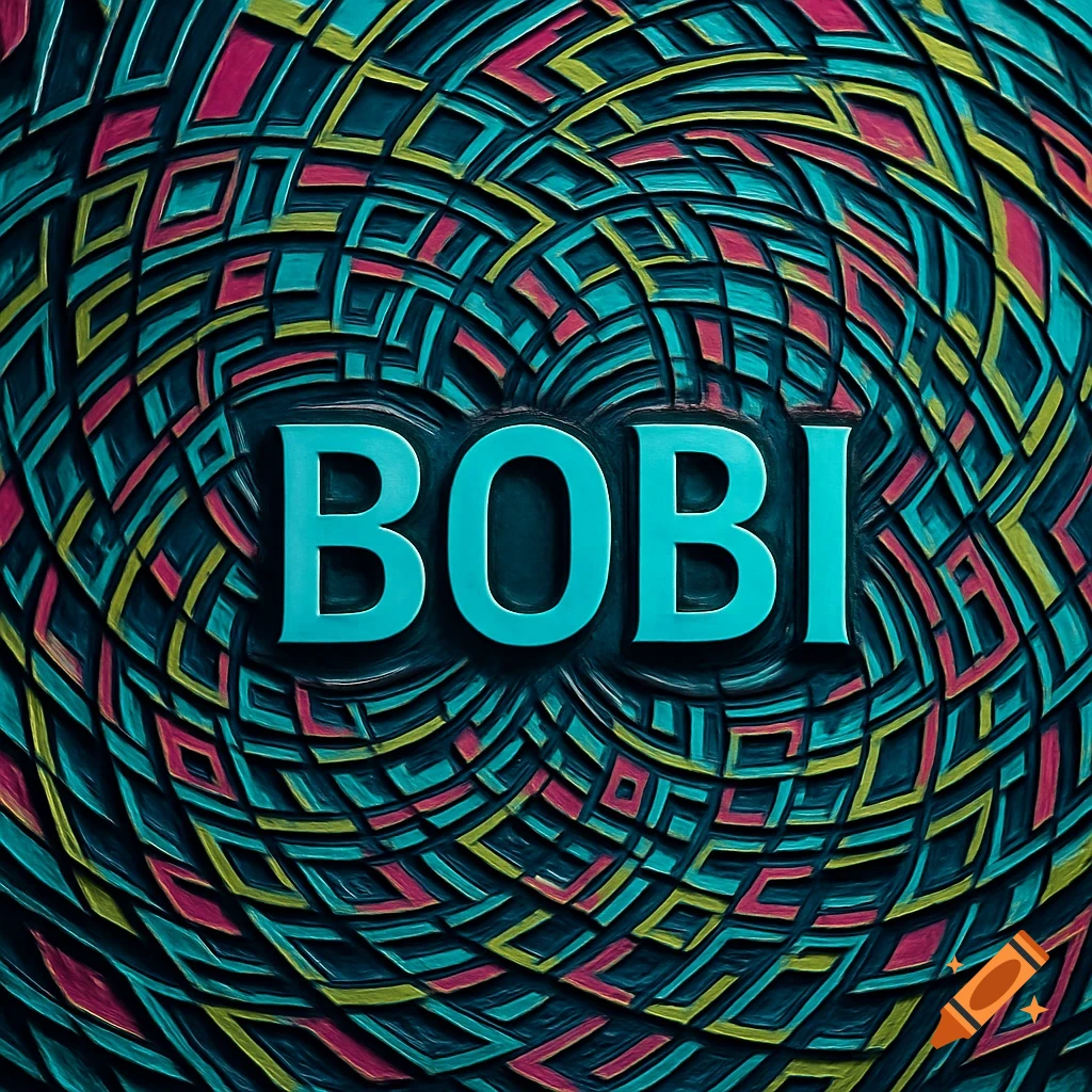 Cyan 3D text 'BOBI' centered on an intricate, swirling abstract pattern in teal, yellow, and magenta.