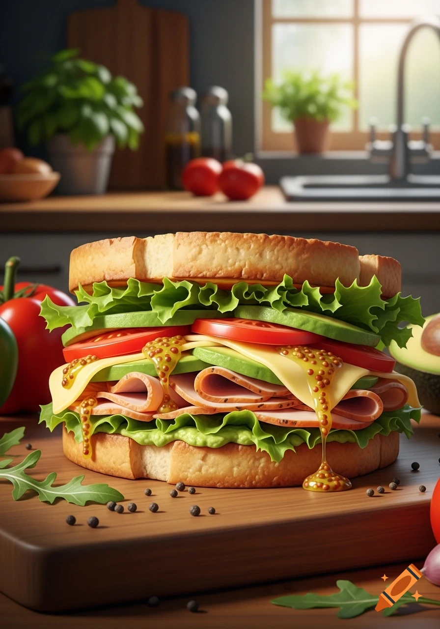 A close-up, photorealistic image of a stacked sandwich with turkey, cheese, lettuce, tomato, avocado, and grainy mustard on a wooden board in a kitchen.