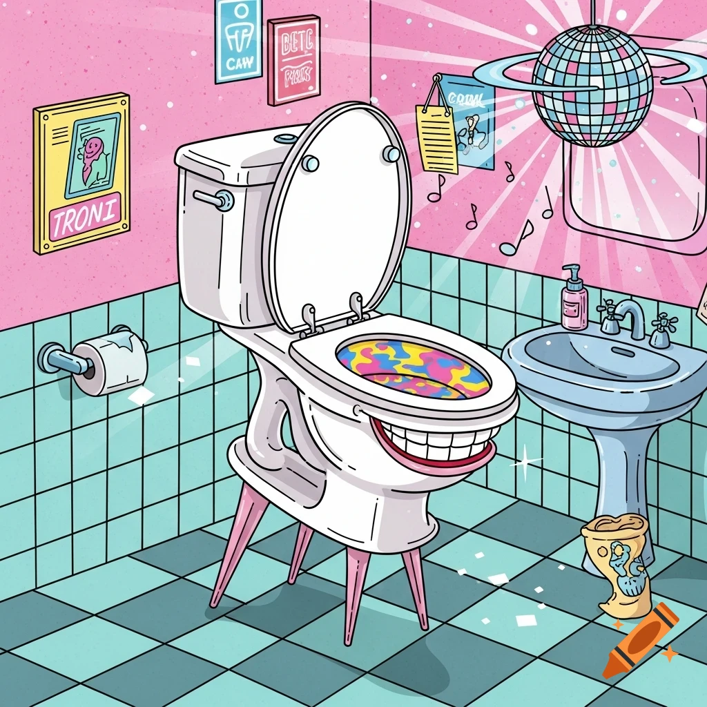 A whimsical cartoon illustration of a bathroom with a smiling toilet on pink legs, a disco ball, a sink, and colorful patterns in the toilet bowl. The walls are pink with posters, and the floor is teal and white checkered.