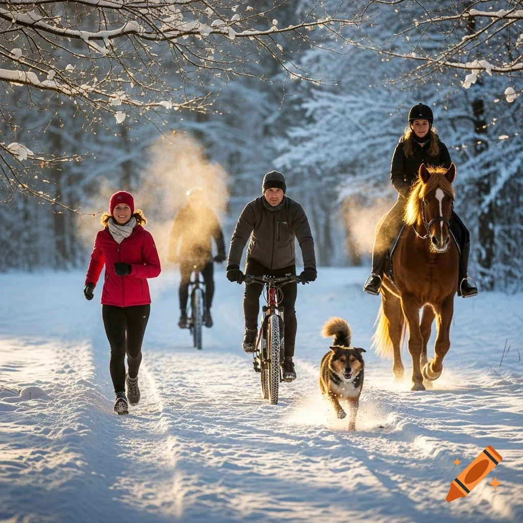 A woman jogging, a man cycling, a person on a horse, and a dog move along a snowy path in a sunny winter forest.