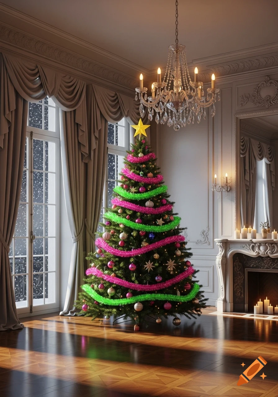 A photorealistic image of a Christmas tree decorated with pink and green tinsel in an elegant room with snow falling outside.