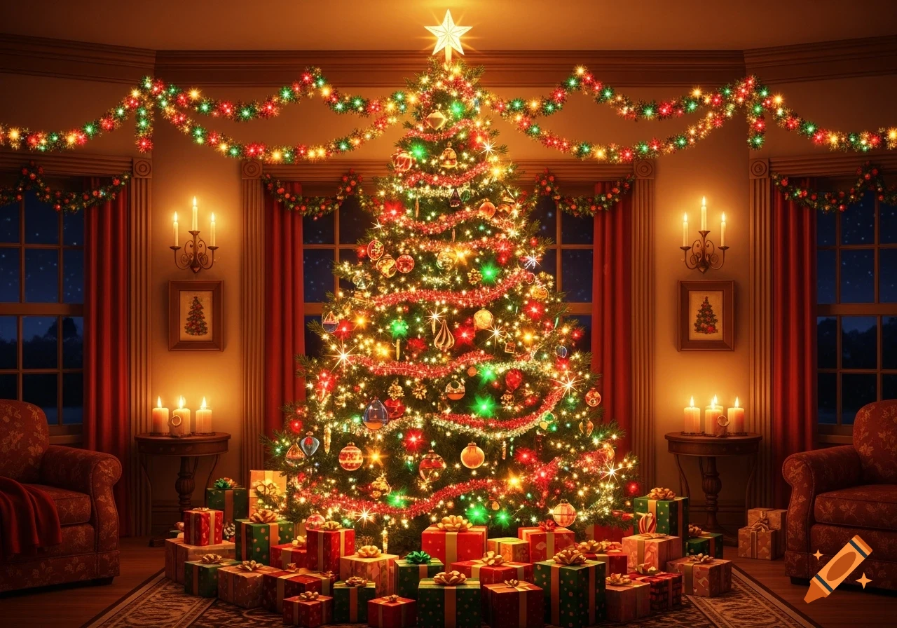 A beautifully lit Christmas tree adorned with colorful ornaments and garlands, surrounded by wrapped gifts in a warm, festive room.