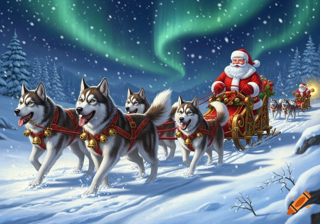 Santa Claus drives a sleigh pulled by a team of huskies through a snowy winter landscape under the green aurora borealis.