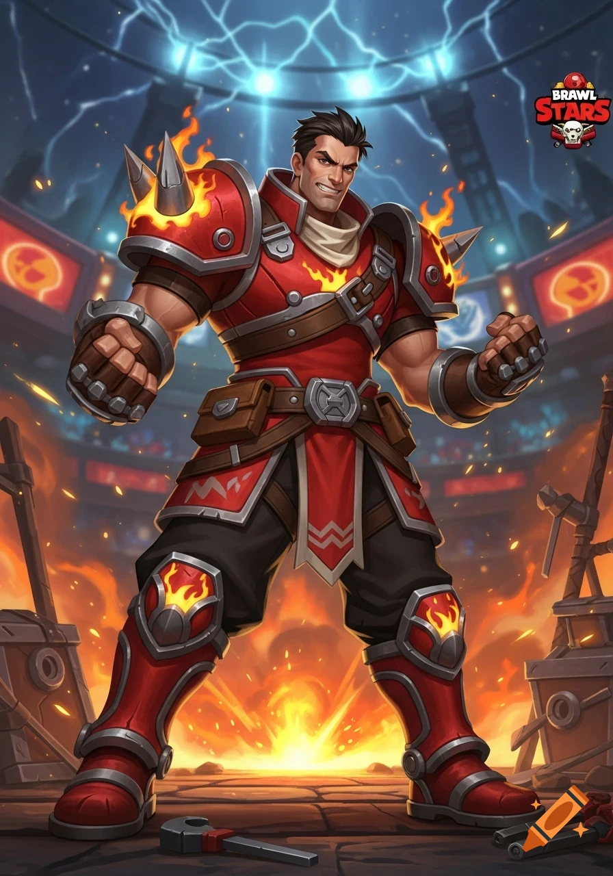 A muscular man in red armor with fiery accents and spikes stands confidently in a fighting arena with electrical sparks above.