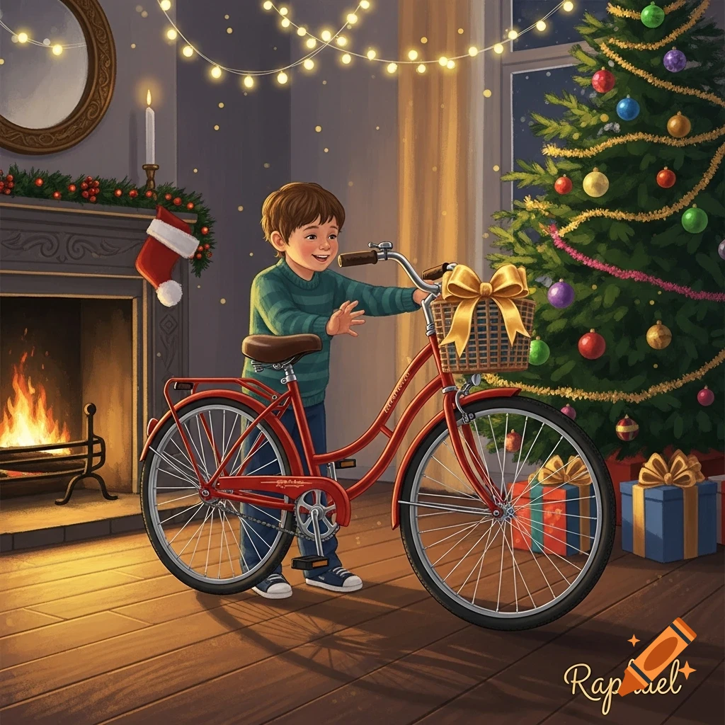 A boy smiles next to a new red bicycle with a golden bow, in a warm, illustratively styled Christmas living room with a decorated tree and fireplace.