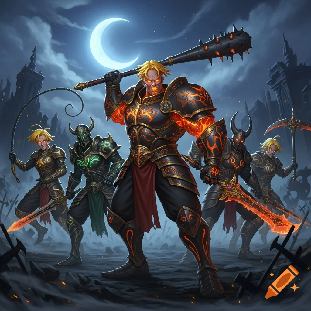 Five armored fantasy warriors, one prominent in fiery armor with a spiked club, stand under a crescent moon in a dark, ruined landscape.