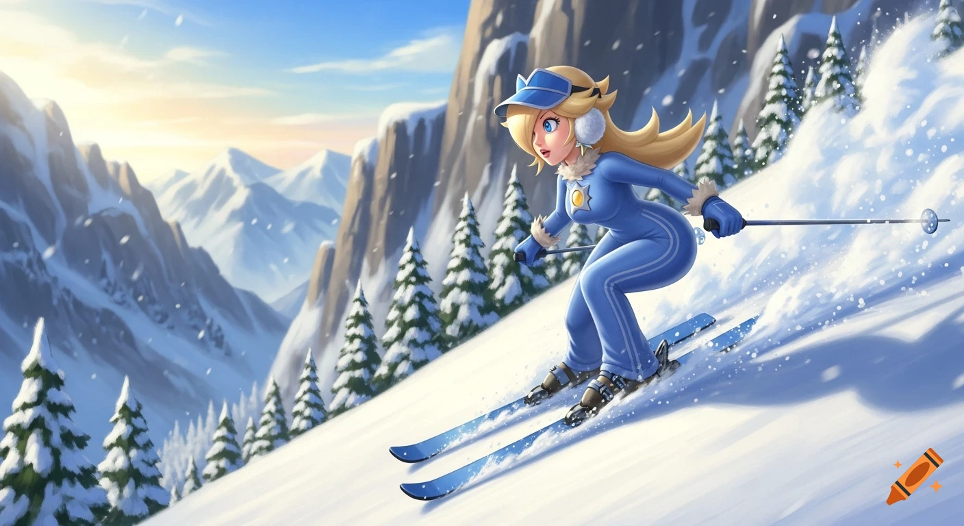 Rosalina from Mario, wearing a blue skiing suit, visor, and ear warmers, skis down a snowy mountain slope with pine trees.