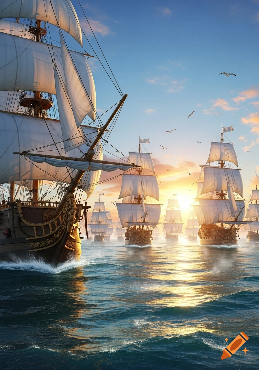 A fleet of large, elegant sailing ships with white sails traverses a calm ocean at sunset, casting golden reflections on the water.