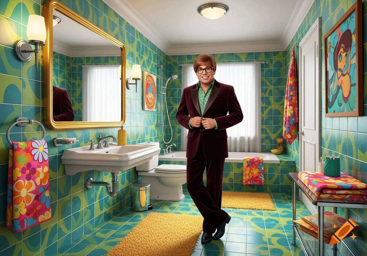 Austin Powers posing in a brightly colored, retro-themed bathroom with green and blue tiles and floral towels.