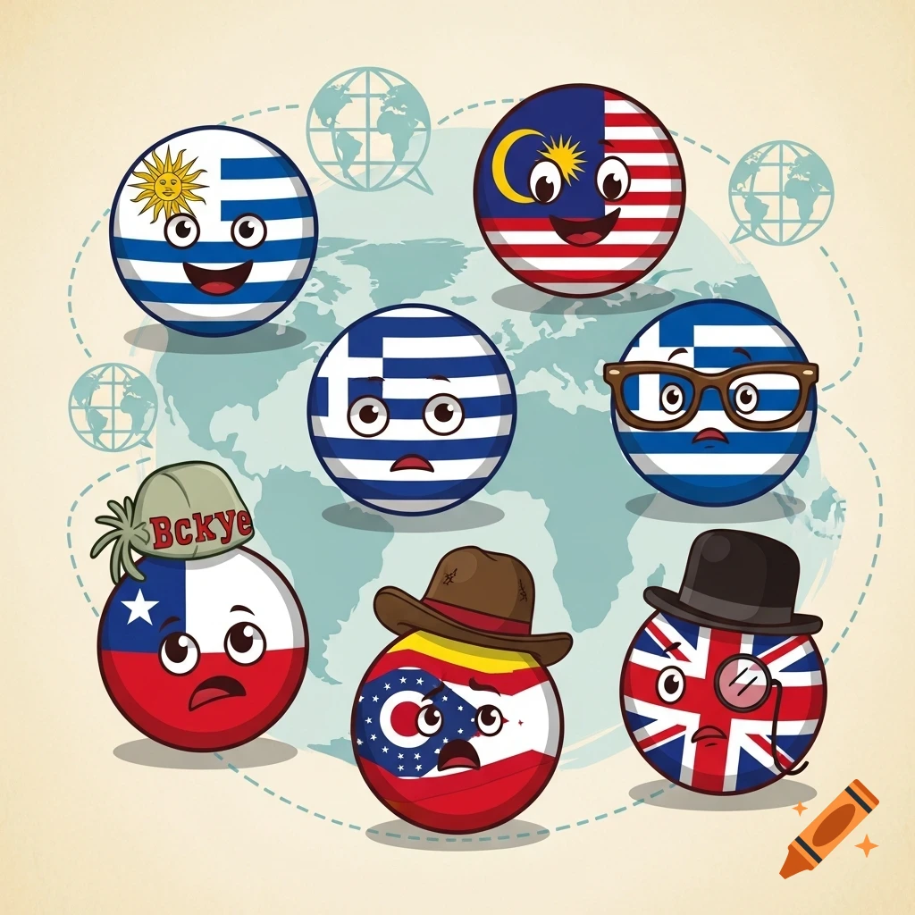Cartoon country balls with various expressions, representing Uruguay, Malaysia, Greece, Chile, Ohio, and UK, on a world map background.