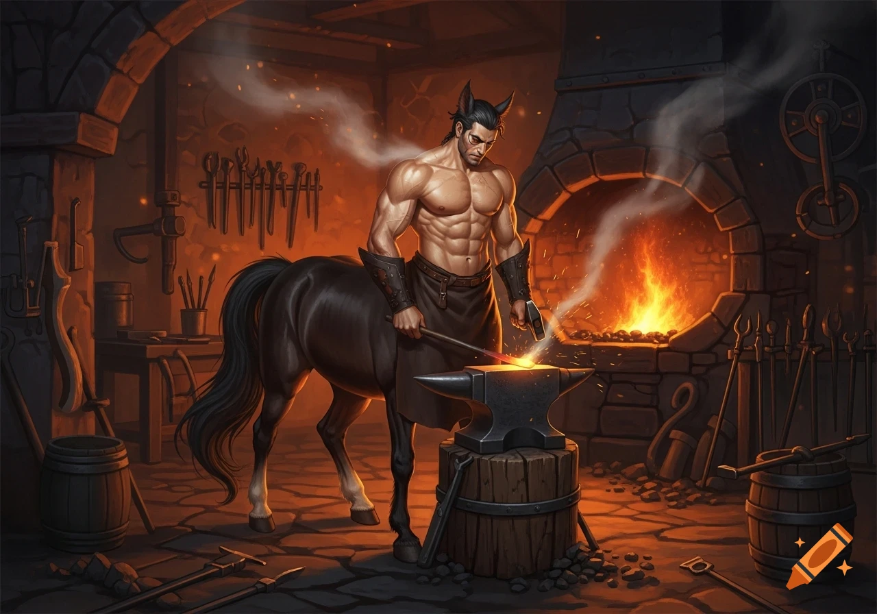 Muscular centaur blacksmith hammering glowing metal on an anvil in a fiery forge, digital art.