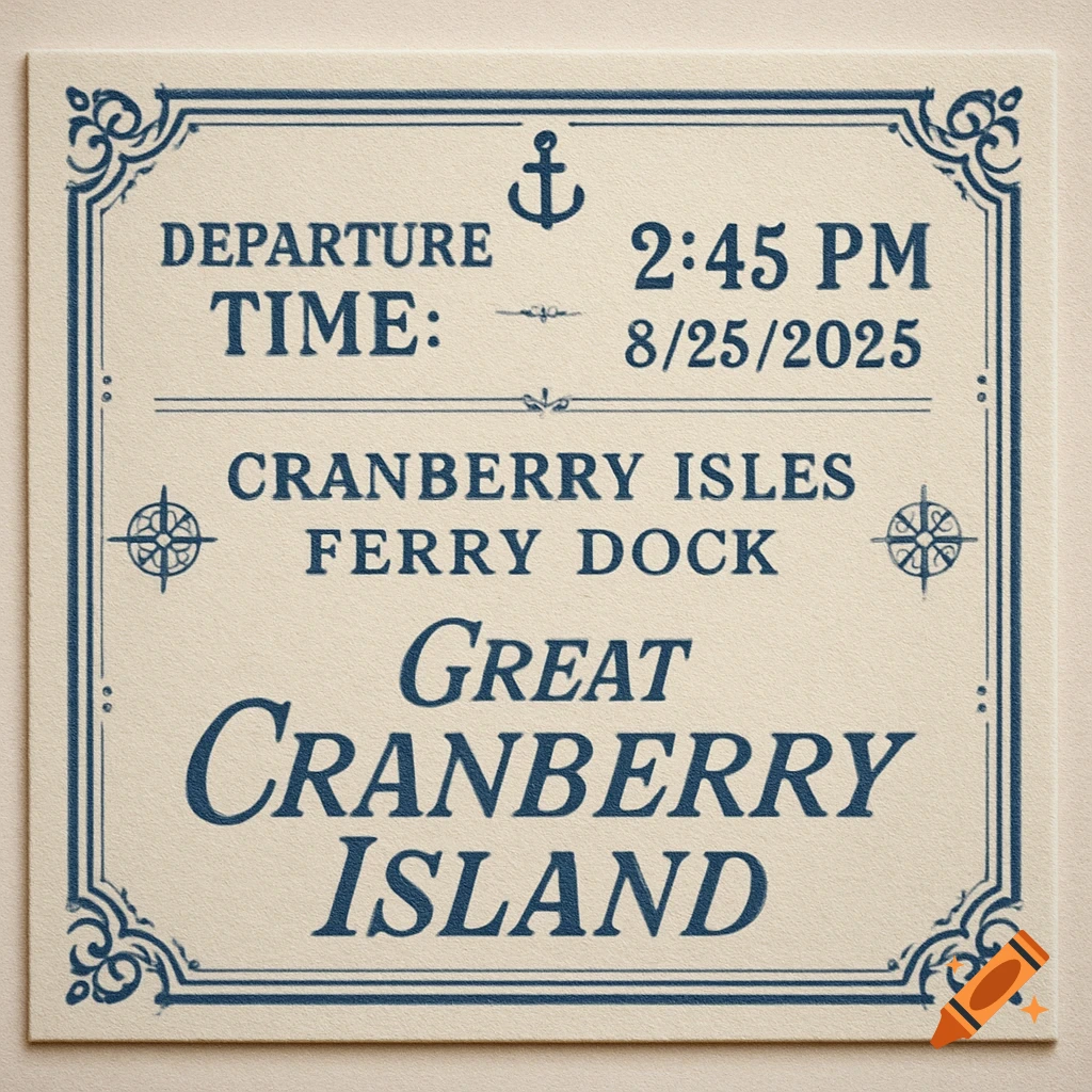 Vintage-style ferry ticket to Great Cranberry Island for 2:45 PM on 8/25/2025 from Cranberry Isles Ferry Dock.