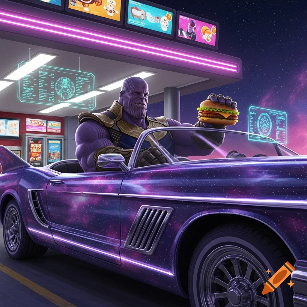 Thanos in a glowing purple, galaxy-themed convertible car, holding a burger at a neon-lit drive-thru at night.