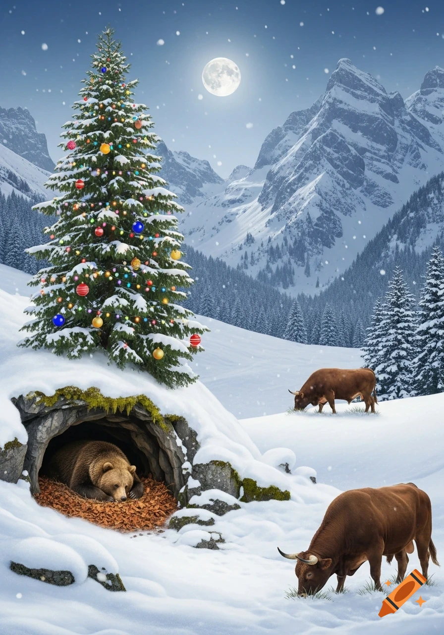 A photorealistic winter mountain scene with a decorated Christmas tree ...