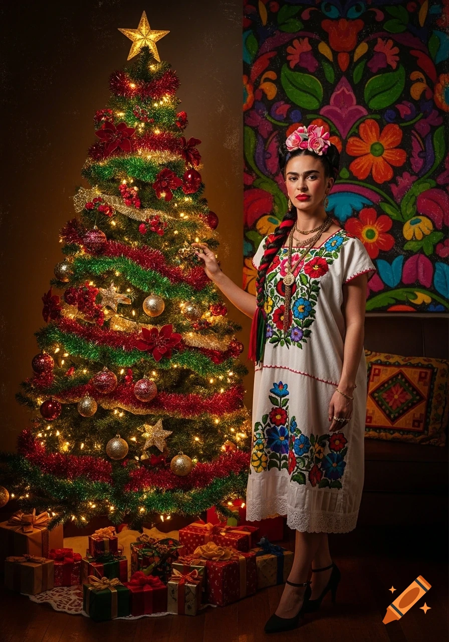 Woman in Frida Kahlo style dress stands by a decorated Christmas tree with presents, against a colorful floral tapestry background.