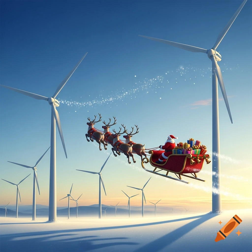 Santa's sleigh, pulled by four reindeer, flies through a starry trail over a snowy landscape with numerous wind turbines against a blue sky.
