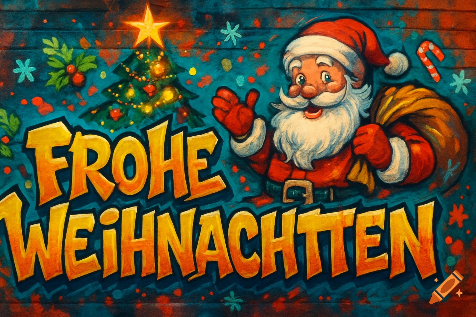 Graffiti art of Santa Claus next to a decorated Christmas tree with 'Frohe Weihnachten' text.