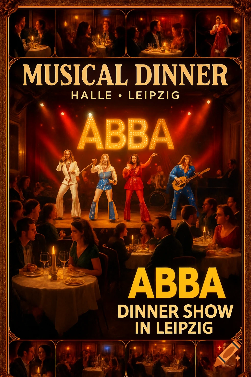 An ABBA Dinner Show poster with a tribute band on stage, a dining audience, and smaller border scenes of dinner events. Photorealistic.