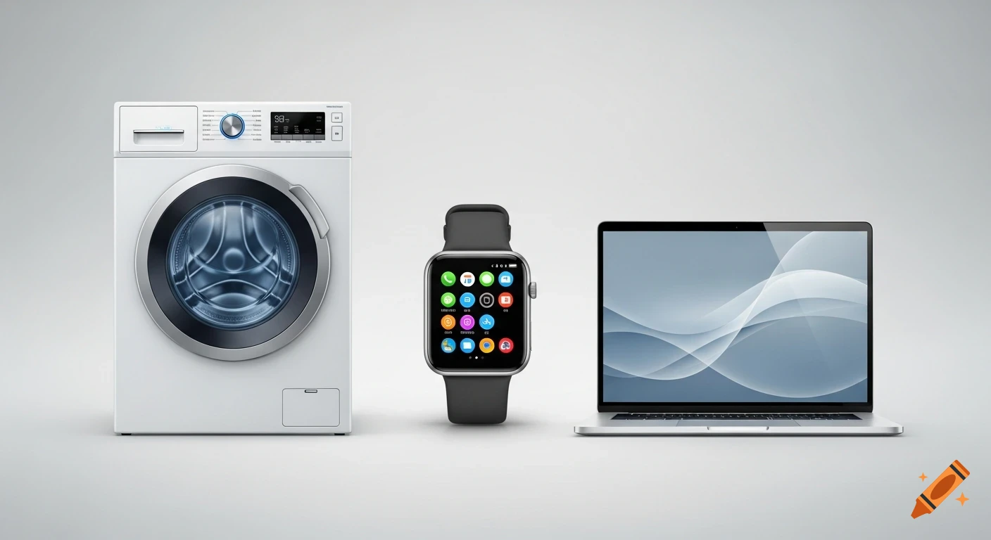 A white washing machine, a smartwatch with colorful app icons, and a silver laptop with a blue abstract wallpaper, all displayed side-by-side on a light gray background.