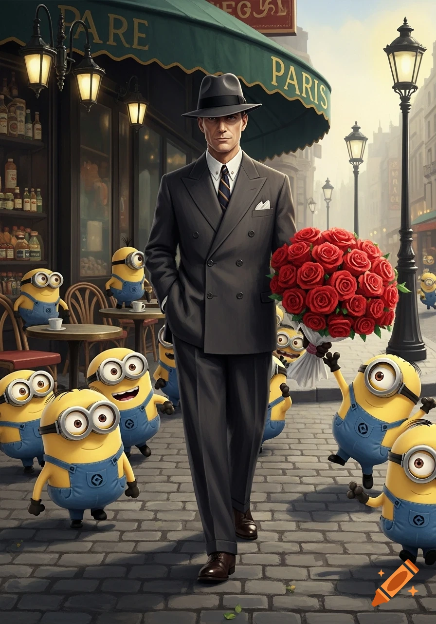 A man in a fedora and suit walks down a Parisian street holding red roses, followed by many yellow minions.