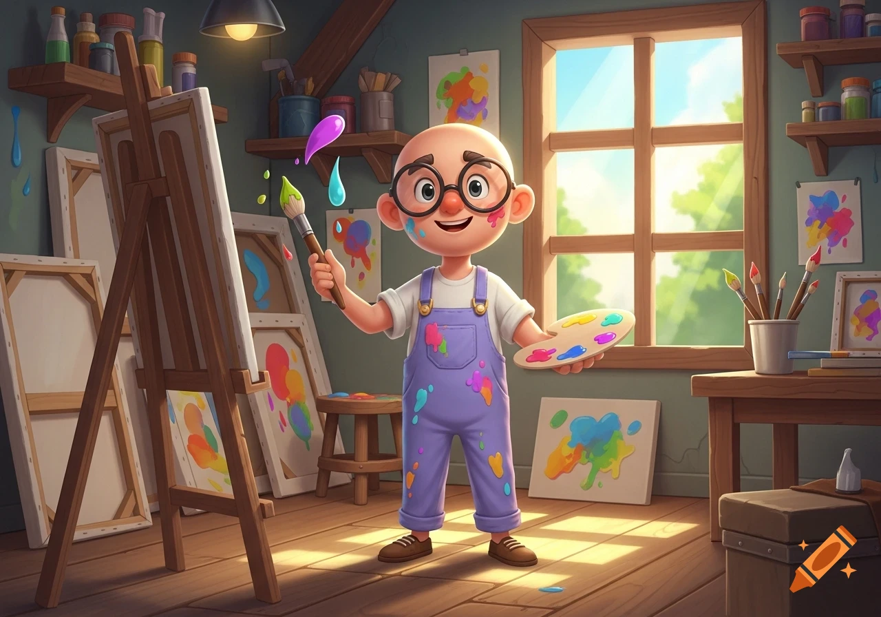 A cheerful bald cartoon boy with glasses in purple overalls, covered in paint splatters, holding a brush and palette in a sunlit art studio.