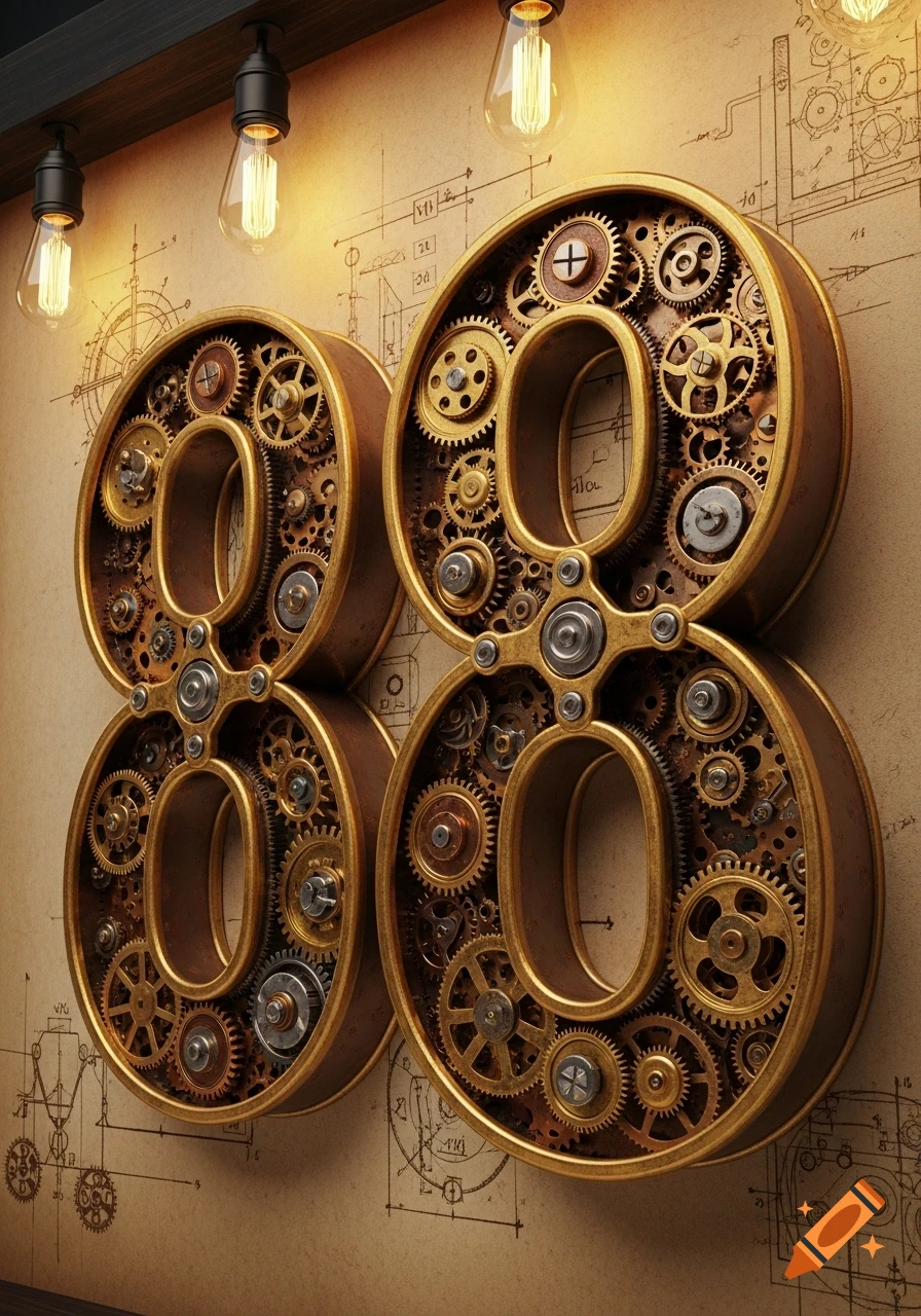 Two ornate brass and bronze numbers "88" filled with intricate gears, against a blueprint background with Edison bulbs.
