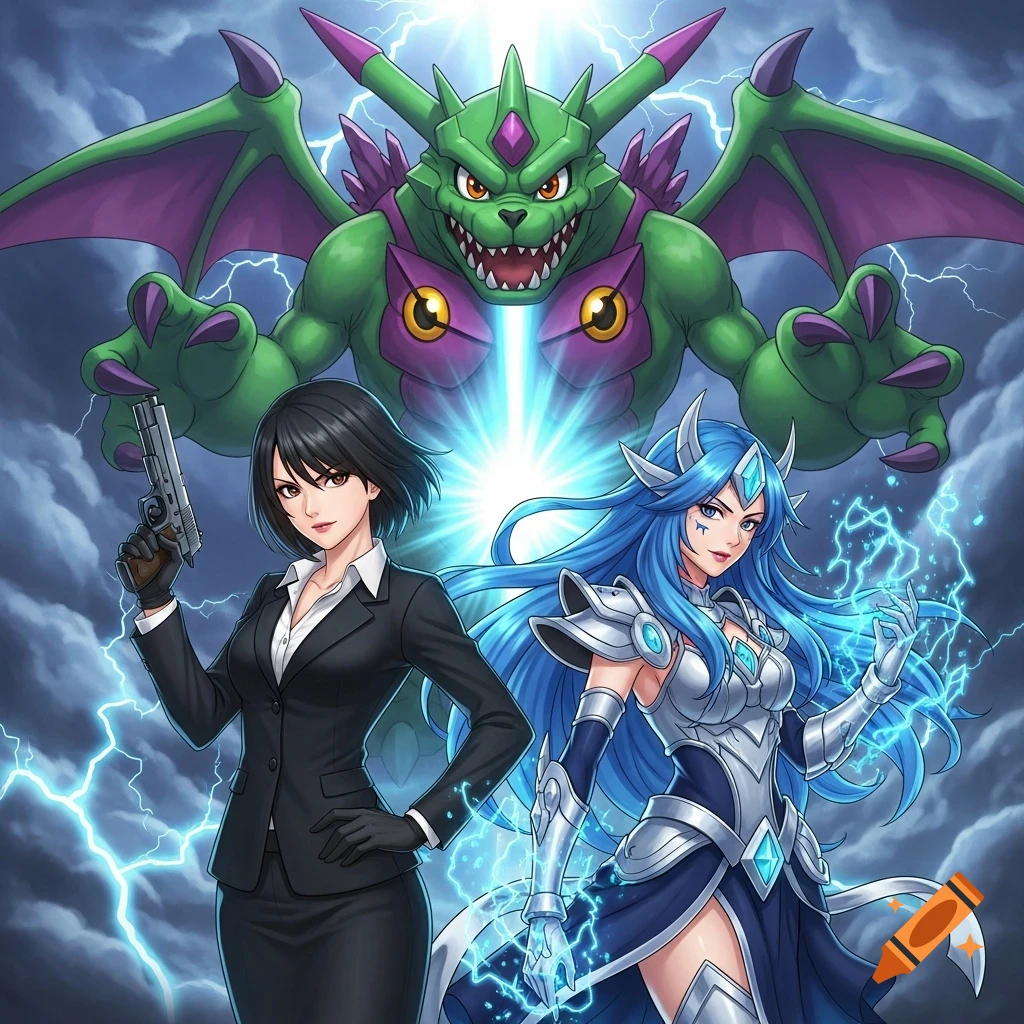 Anime illustration of a businesswoman with a gun and a blue-haired woman with electric powers, a green dragon behind them in a stormy sky.