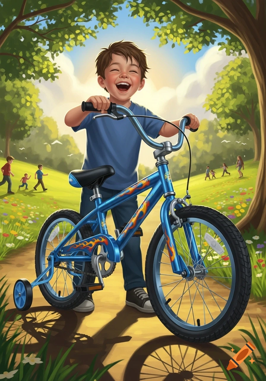 A happy young boy in a blue shirt stands proudly with his new blue bicycle, complete with training wheels and flame decals, on a path in a sunny park where other children play in the background. Digital illustration.