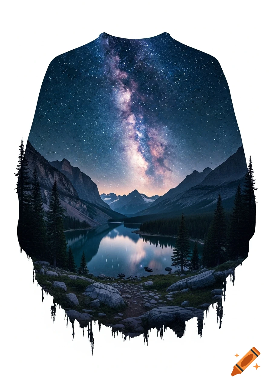 A majestic night landscape with the Milky Way reflected in a lake, nestled within a dark silhouette of an upper body.
