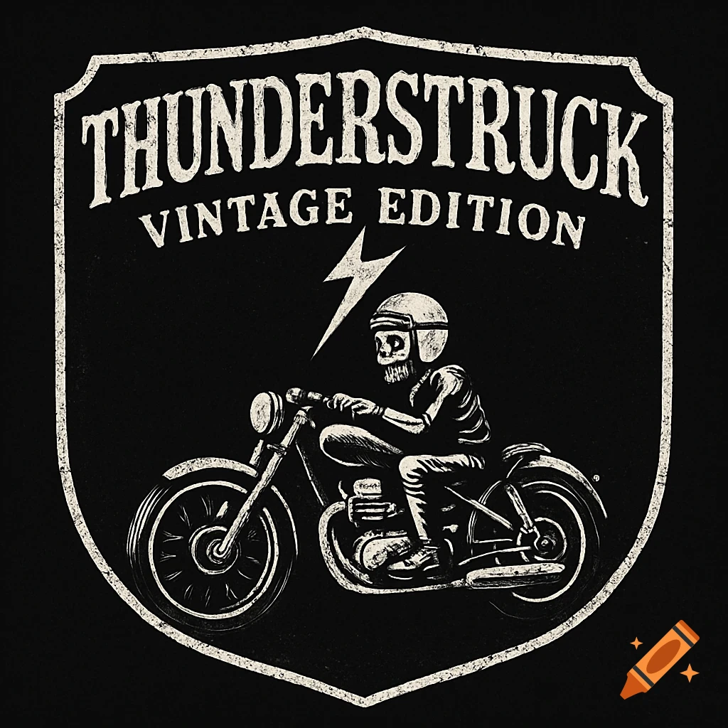 A distressed black and white logo featuring a skeleton in a helmet riding a motorcycle under a lightning bolt, enclosed in a shield shape. Text reads "THUNDERSTRUCK VINTAGE EDITION".