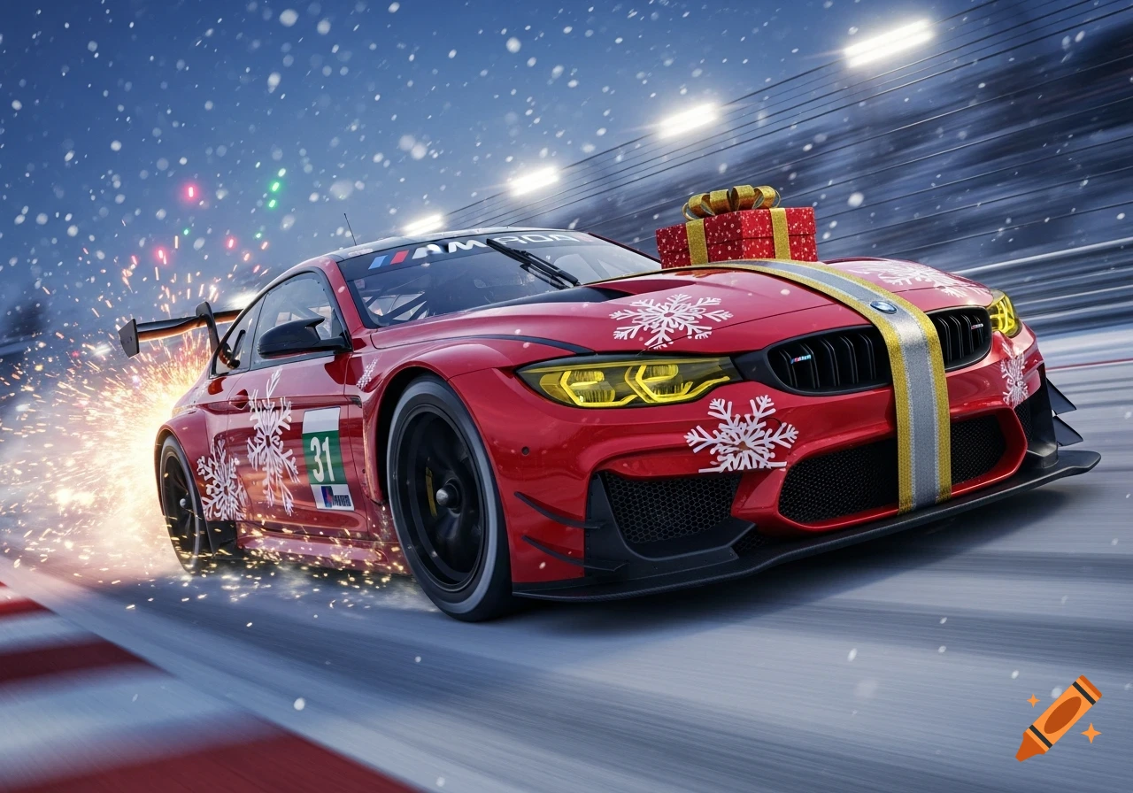 A red BMW race car, decorated with white snowflakes and a gold ribbon, speeds on a snowy track with sparks flying, under falling snow.