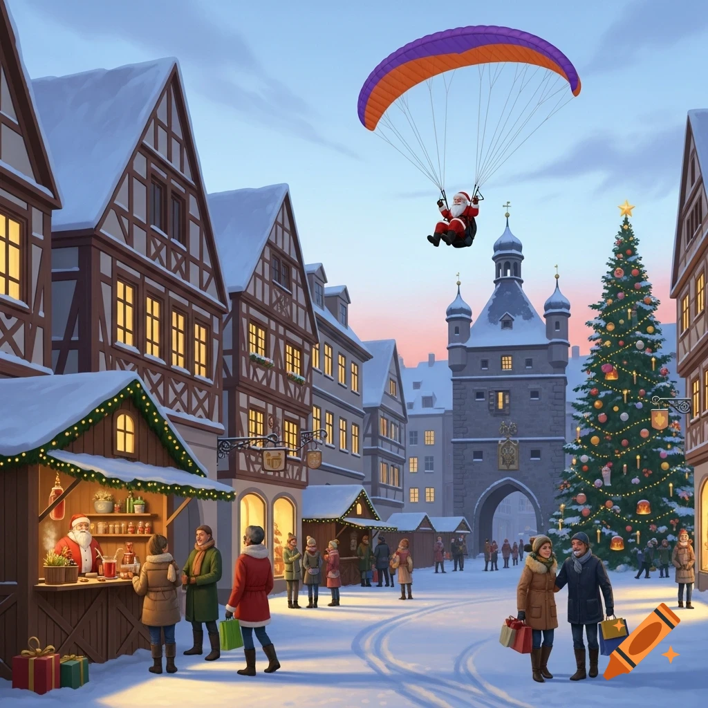 Santa Claus paragliding over a snowy, festive Christmas market in a European town square with half-timbered houses and a large decorated tree, at dusk.